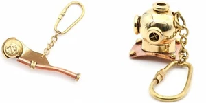 Taucherhelm & Pfeife Messing Schlüsselanhänger mit Schraubverschluss Karabiner - 2er Pack - Bild 1 von 11