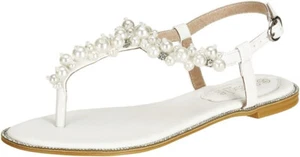 Ladies Fashion Pearl Rhinestone Flats T-strap Sandals Women White Cute Shoes - Picture 1 of 1