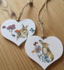 2 X Easter Bunny Hanging Decorations Handmade Real Wood Heart Quality Decal