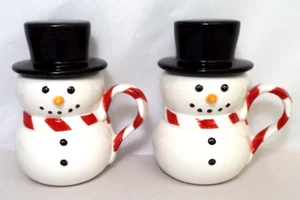 Williams Sonoma 2 Snowman Black Top Hat Mug Cup Coffee Christmas Candy Cane - Picture 1 of 8