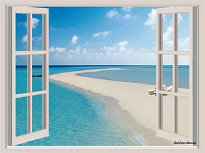 Tropical Beach Maldives WindowView Repositionable Color Wall Sticker Mural 36x26 - Picture 1 of 1