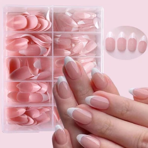 360Pcs/box Glossy Soft Gel Pink French Nail Tips Medium Almond White Simple Pres - Picture 1 of 16