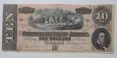 Billete de 10 dólares CSA de 1864 de los Estados Confederados de América/N3 Foto 1 de 2