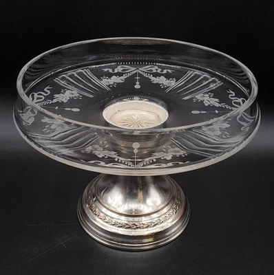 Coupe compotier en métal argenté et cristal taillé gravé nœuds style Louis XVI - Photo 1/4