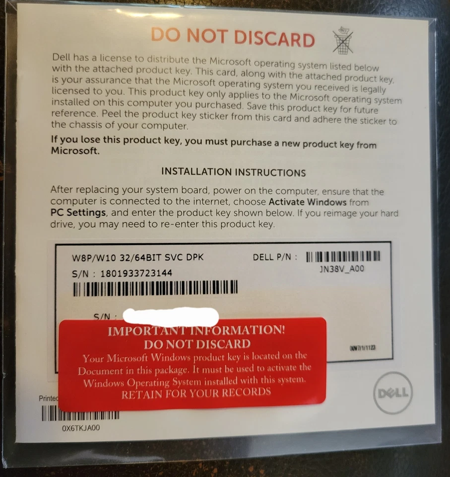W8P/W10 32/64BIT SVC DPK Dell Microsoft License Product Key Dell OEM JN38V - Image 1 of 1