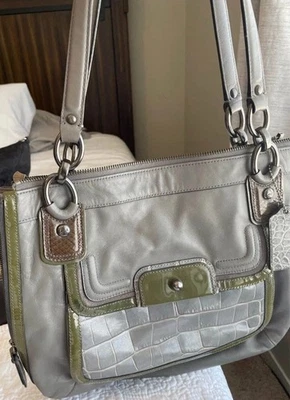 Coach Kristen Leather Shoulder Bag Vintage Gray Croc Partial Embossed Blue Inter - Image 1 of 3