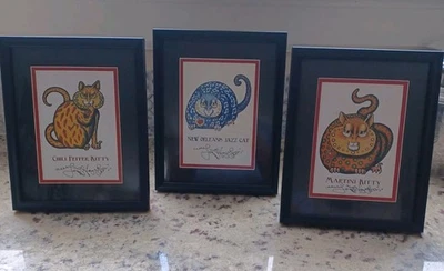3 framed Cat Art Prints Signed 8 x 10 Colorful Whimsical Embossed Kitty set 2009 - Image 1 of 4