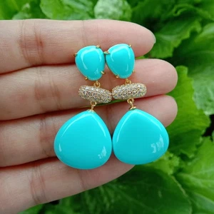 Blue Turquoise Triangle Shape Dangle Cz Beads Wedding Studs Earrings - Picture 1 of 6