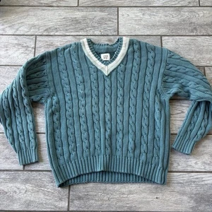 Vintage GAP Tennis Sweater Mens Large Cable Knit V-Neck Cotton Blue Cricket - Picture 1 of 7
