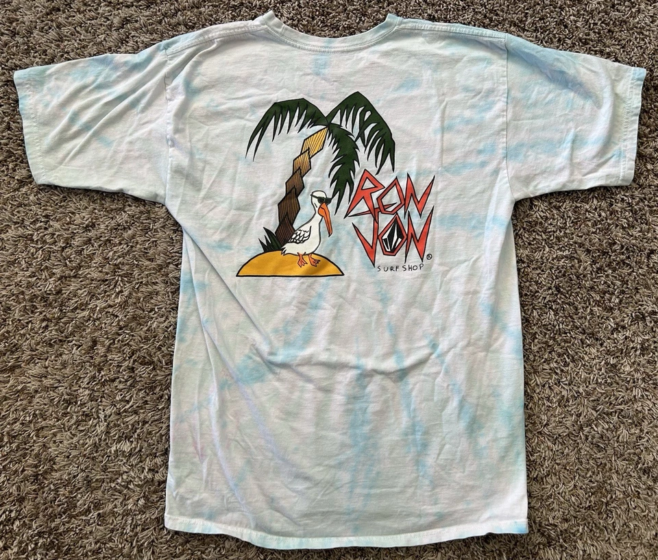 Volcom Ron Jon Shirt Men’s Large Tie Dye Blue White Palm Tree Graphic Print - Image 1 of 4