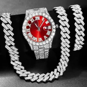 Silber Uhrenset Hip-Hop Punk Inlay Diamant Uhr + Kubanische Kette + Armband kommt - Bild 1 von 17