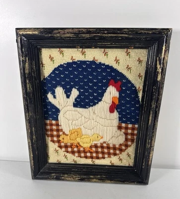 Vintage 10X12" Embroidered Stitched Knit Chickens Hens Wall Hanging Farm Country - Image 1 of 4