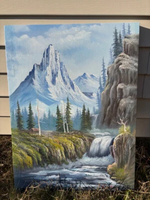 Original Oil Painting 18x24 Mountain Falls Art Landscape Bob Ross Style Vintage - Image 1 of 4
