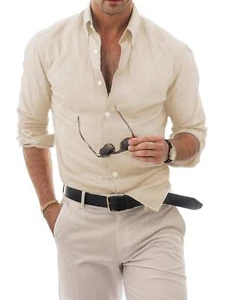 Men's Cotton Linen Button Down Shirt Casual Stylish Long Sleeve Business Shirts - Picture 1 of 14