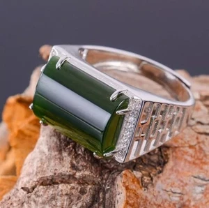 Fancy Cabochon Shape Green Jade With White CZ 925 Sterling Silver Men's Ring - Picture 1 of 8