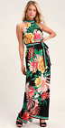 NWT~Lulus Tropic of Conversation Black Tropical Print Halter Maxi Dress ~  XL