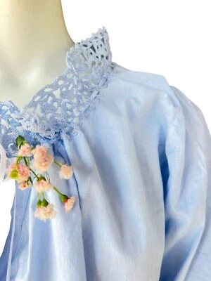 Vintage Pale blue cotton nightgown with crochet drawstring neck hand dyed - Image 1 of 4
