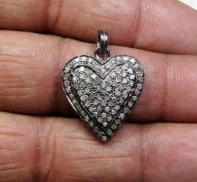 Elegante Naturale Pavé di Diamanti 925 Argento Sterling Cuore Ciondolo Gioielli - Immagine 1 di 4