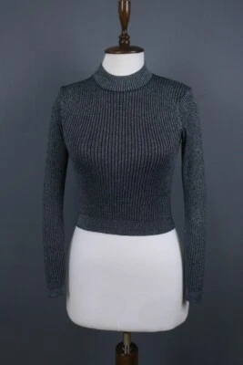 CHANEL Silk Cotton Blue Sparkle Glitter Fitted Ribbed Cropped Sweater Size 36 - Image 1 of 4