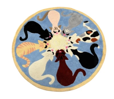 Vintage Cat Circular Rug Kittens Handmade Plush Thick 36x36 Round Blue Animals - Image 1 of 4