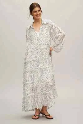 NWT By Anthropologie Long-Sleeve Smocked Tiered Maxi Dress Sz M Polka Dot #9K416 - Image 1 of 4