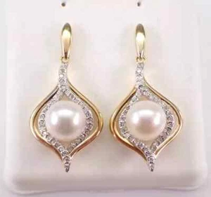 3.20Ct Round Cut Genuine White Pearl Drop/Dangle Earrings 14K Yellow Gold Plated - Picture 1 of 14