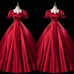 Red Silk Satin Wedding Dresses Short Puff Sleeve A Line Vintage Bridal Gowns - Picture 1 of 10