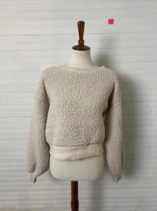 Express Women's Sherpa Long Sleeve Cropped Ivory Sweatshirt Size Medium - Picture 1 of 7