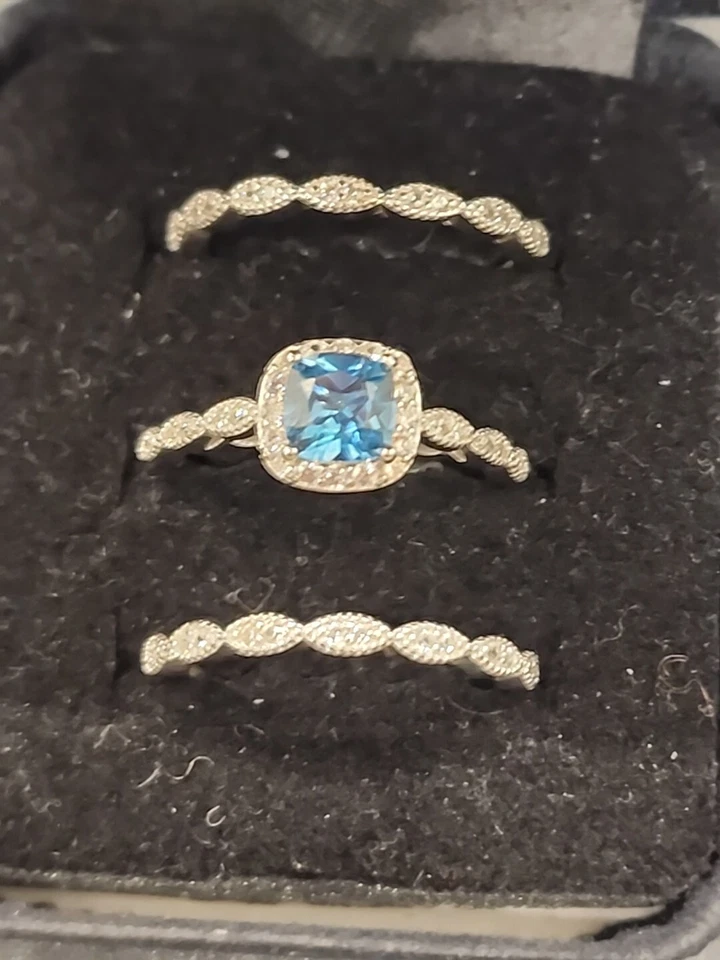 London Blue Topaz Cushion Rhodium/925 Halo Ring & 2 Accented Bands Set 1.70ctw - Image 1 of 4