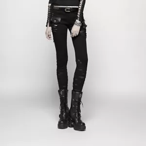 Pantalones de mezclilla Punk Rave góticos ajustados negros rasgados dieselpunk K-344 - Imagen 1 de 12