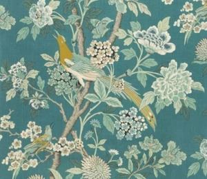 GP & J BAKER CURTAIN FABRIC DESIGN Hydrangea Bird 3.7 METRES TEAL 100% LINEN - Picture 1 of 9