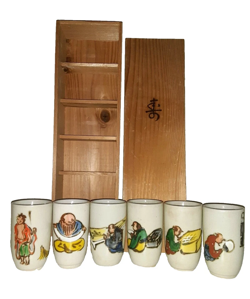 Juego de 6 tazas de sake japonés vintage pintado a mano caja de almacenamiento de madera original figuras Foto 1 de 4