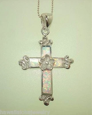27mm Rhodium 925 Silver White Crystal Lab Opal Hawaiian Plumeria Cross Pendant - Image 1 of 3