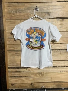 T-shirt vintage anni 90 canna da pesca Lager birra punto singolo grafica taglia L USA - Foto 1 di 15