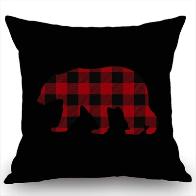Red Buffalo Plaid Bear Pillow Cover 18x18 Farmhouse Throw Cushion Case Rustic De - Image 1 of 4