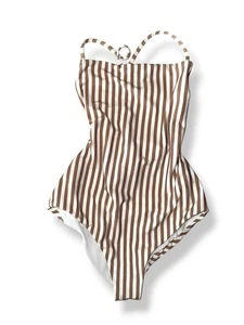 BURBERRY Delia Striped One-Piece Low Back Cross Strap Swim Suit Brown/White sz S - Picture 1 of 8