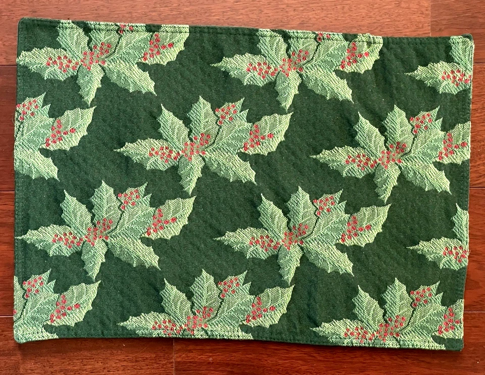 Amrose Holly Berry Red Green Tapestry Placemats Christmas Set of 6 NWT 13" x 18" - Image 1 of 4