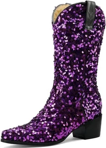 KISSASA Sequin Sparkly Mid Calf Cowboy Boots Glitter Wedding Chunky Heeled...  - Picture 1 of 42