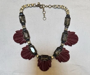 J Crew Necklace Red Burgundy Fan Leaf Topaz Crystal Gold Chain Statement Lucite - Picture 1 of 6