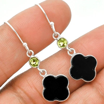Pendientes de plata de ley 925 de ónix negro - Brasil y peridoto joyería E-1006 Foto 1 de 4