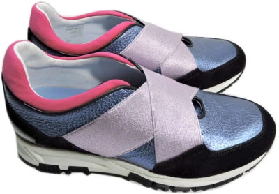 Lanvin Sneakers Metallic Blue Leather Athletic Shoes 37 Elastic Low Top Trainers - Image 1 of 4