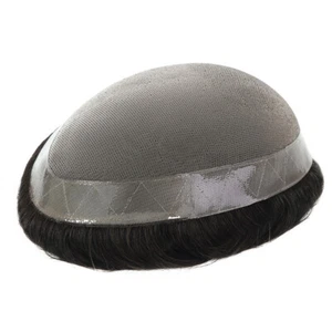 Mens Toupee Fine Mono Hair Replacement System Poly Skin Black Hair Piece 6X8 #1B - Picture 1 of 7
