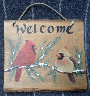 Hand Painted + Signed Rustic Wood Cardinal Pair Hanging Welcome Sign 8.5" x 7.5" - Image 1 of 4