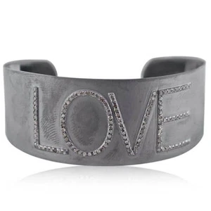 925 Silver Pave Diamond LOVE Word Cuff Bangle Love Letter Handmade Jewelry - Picture 1 of 5