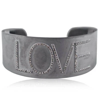 925 Silver Pave Diamond LOVE Word Cuff Bangle Love Letter Handmade Jewelry - Image 1 of 4