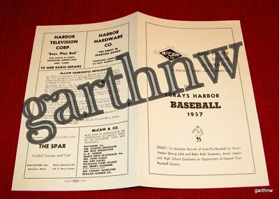 Programa y calendario de béisbol Grays Harbor 1957 * Lista McCAW HARBORITES Foto 1 de 2