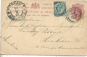 1903 POSTAL STATIONERY CARD COVER 1P FROM HIOHBURY.S.O.N TO KRAKAU AUSTRIA POLAN - Picture 1 of 2