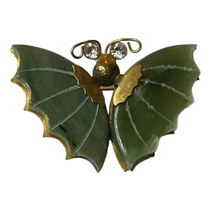 Jade Color Carved Butterfly Brooch Pin Gold-tone backing Rhinestone Eyes Vintage - Picture 1 of 12