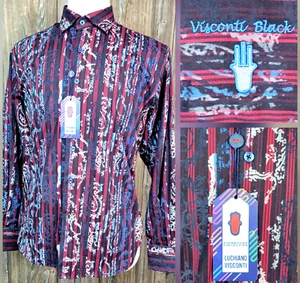 Camicia nera Visconti paisley a righe con bottoni testurizzata manica lunga uomo M nuova con etichetta - Foto 1 di 15