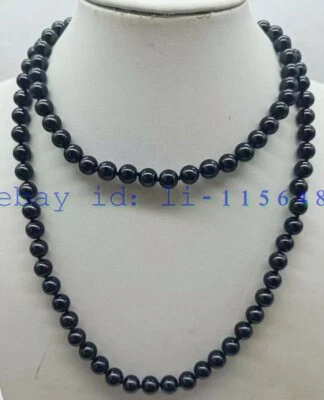 Деликатный 8 мм черный агат круглый драгоценный камень бусина длинное ожерелье 35» подарок для мужчин - Изображение 1 из 4